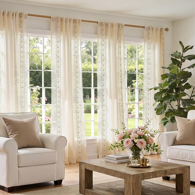 jinchan Floral Sheer Linen Curtains, Back Tab 50x96 Inch, 2 Panels Ivory | Semi - Image 8