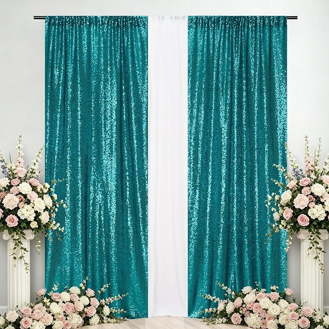 Eternal Beauty Teal Sequin Backdrop Curtains, 2 Panels 2x8FT | 3mm Sparkle by EternalBeauty