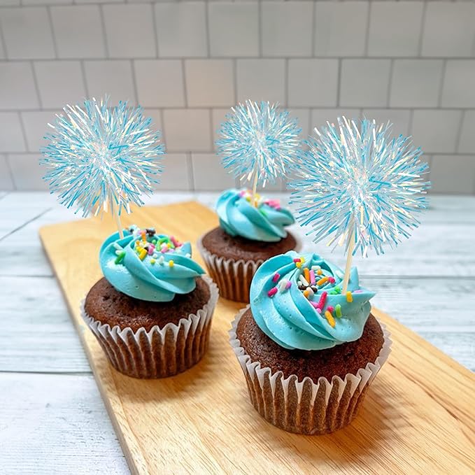 Ephlyn 30Pcs Foil Firework Cupcake Toppers Party Birthday Cake Toppers Supplies Sparkle Tinsel Cocktail Fruit Toothpick for Birthday Wedding Graduation Party Blue