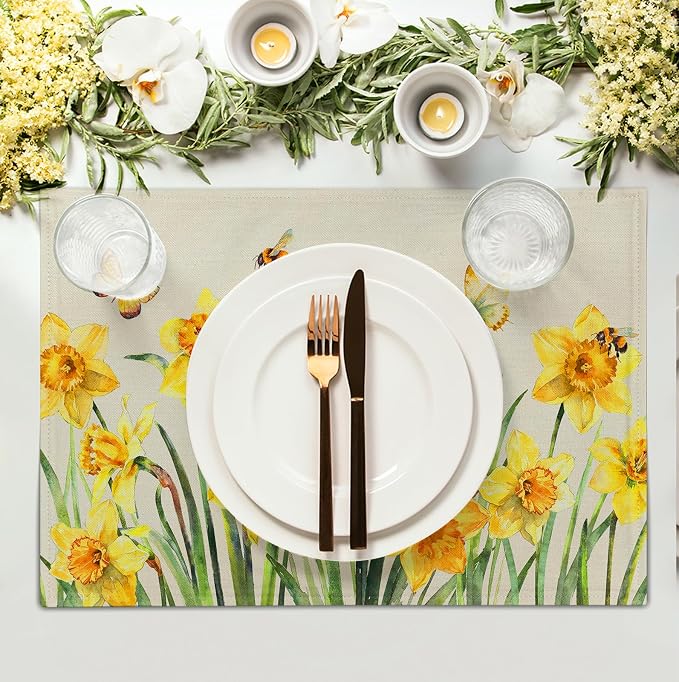 Spring Daffodils Placemats Set of 4 Watercolor Yellow Flower Table Mats Summer - Image 3