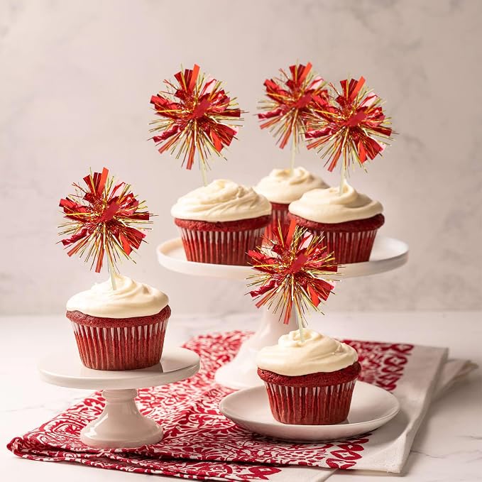 Gyufise 30Pcs Foil Firework Cupcake Toppers Sparkle Tinsel Cake Toppers Tinsel - Image 6