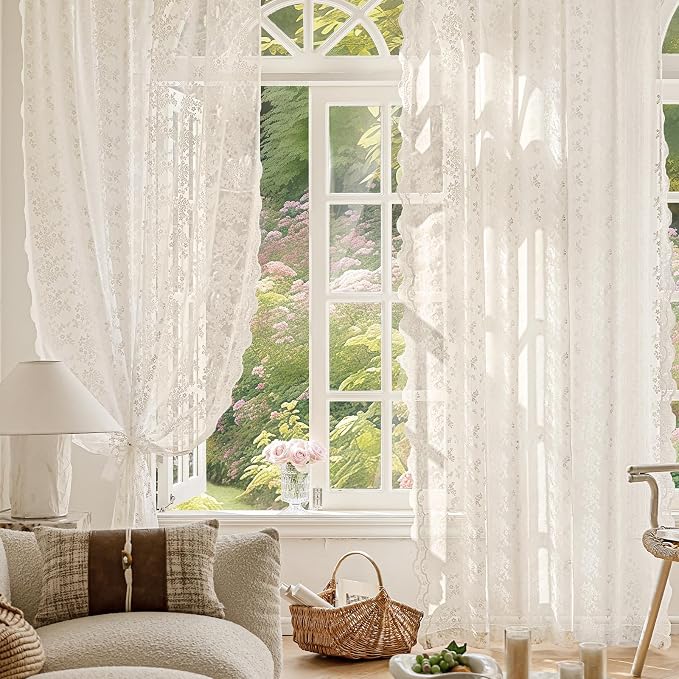 Anmao Vintage Lace Curtains 54 Inches Long 2 Panels Set, Romantic Elegant Light - Image 2