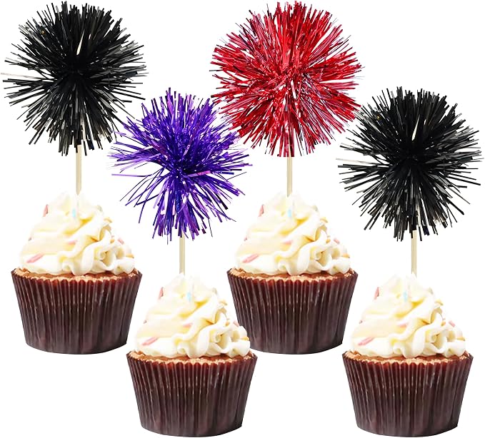 Gyufise 30Pcs Foil Firework Cupcake Toppers Sparkle Tinsel Cake Toppers Tinsel by Gyufise