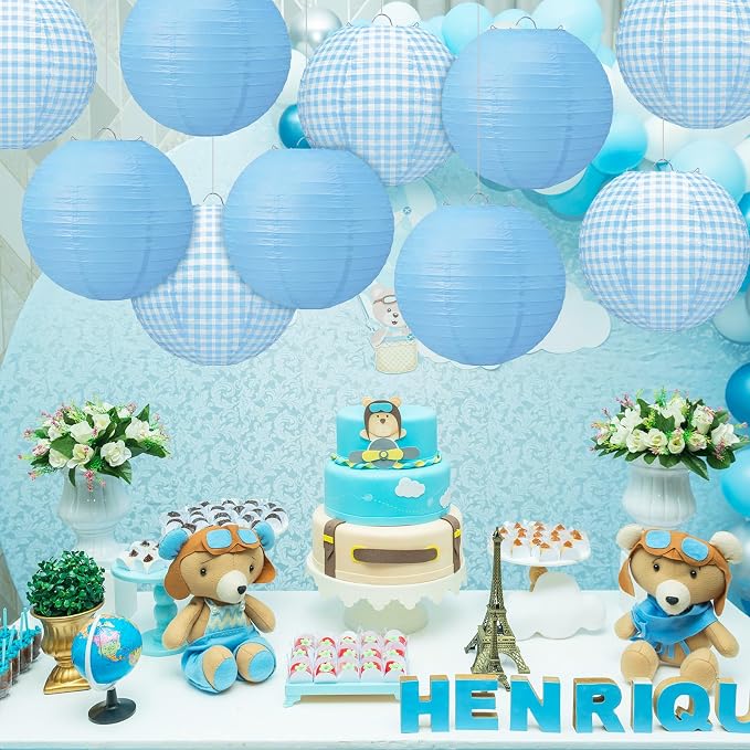 Honoson 12 Pcs Blue Gingham Paper Lanterns 10 Inch White and Blue Checkered - Image 3