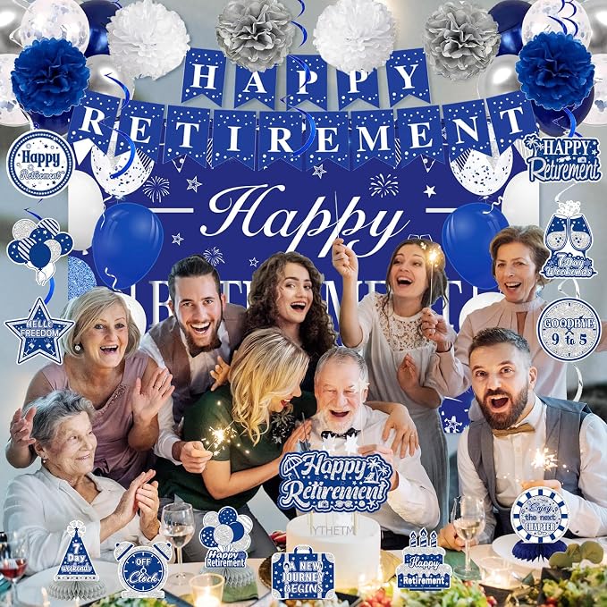 Retirement Party Decorations for Men Women Blue Silver Happy Retirement Banner - Image 5