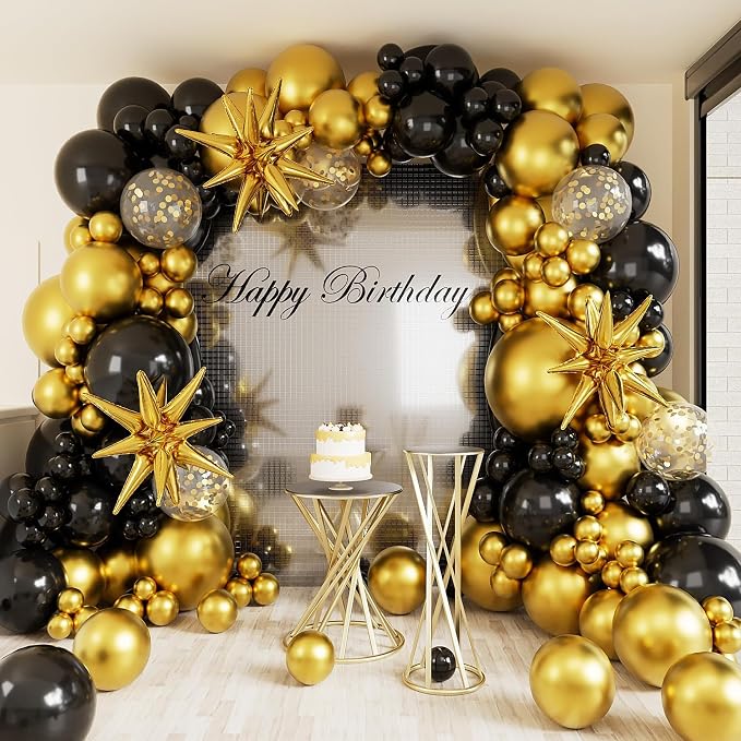 Black and Gold Balloon Garland Arch Kit 142pcs, Mixed Size Metallic Latex by Depotner