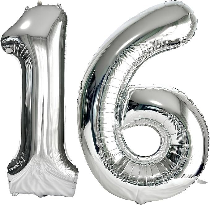 FIROMI 16 Number Balloons Silver Big Foil Mylar 61 Balloon Numbers 40-inch | by Firomi