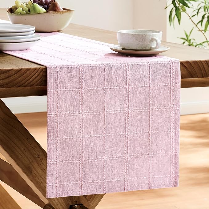 Linen Checked Farmhouse Table Runner, 13x36 Inches Pink | Raised Grid Design - Image 4