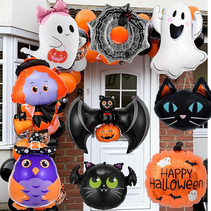 9Pcs Halloween Balloons Decoration Set, Foil Ghost, Spider Web, Pumpkin & Bat - Image 6