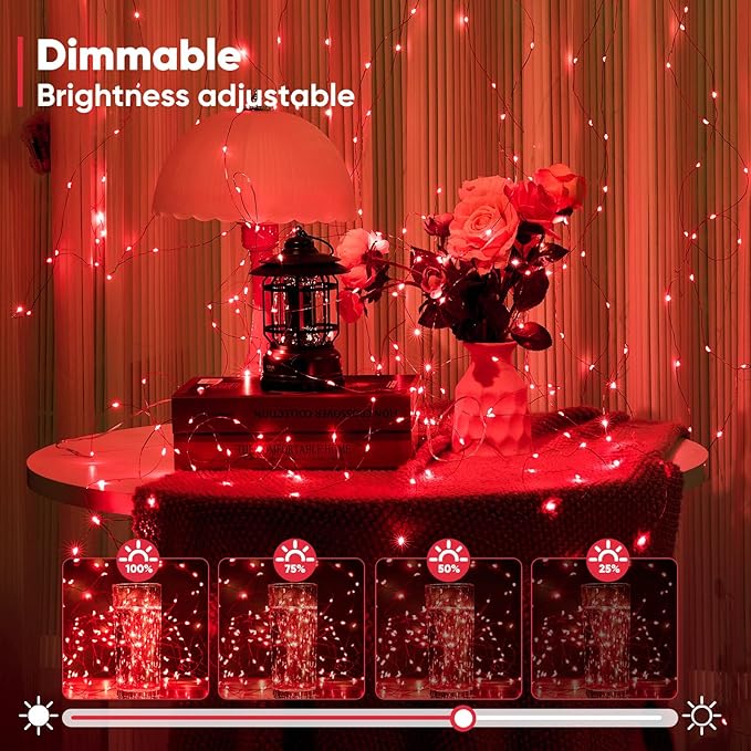 1 Pack 65.6 Ft. Battery Operated Outdoor String Lights with Remote & Timer, LED Red Fairy Lights, Waterproof Twinkle Lights for Bedroom, Dorm, Mason Jar, Wedding, Party, Christmas