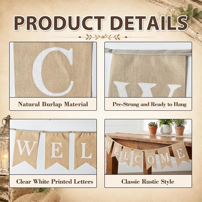Pre-Strung WELCOME Banner with Burlap Flag, Rustic Linen Letter Garland - Image 3