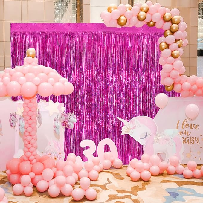 Hot Pink Metallic Tinsel Foil Fringe Curtains, 2 Pack 3.3x8.3 Feet Party - Image 3