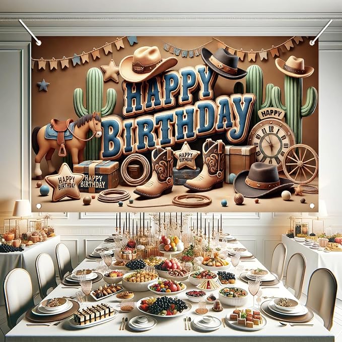 Western Cowboy Happy Birthday Banner Backdrop Rustic Wild West House Barn Photo - Image 5