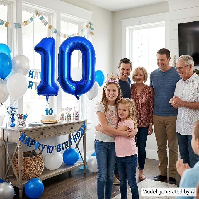 Navy Blue Number 10 Balloon 40 Inch, Shiny Metallic Double Digit Party Decor | - Image 7