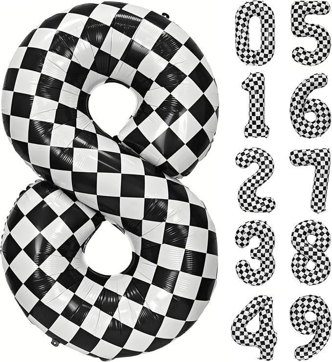 40In Black White Checkered Number 8 Balloon Race Car Digital Foil 8 Balloon | by YOIOZAIZAI