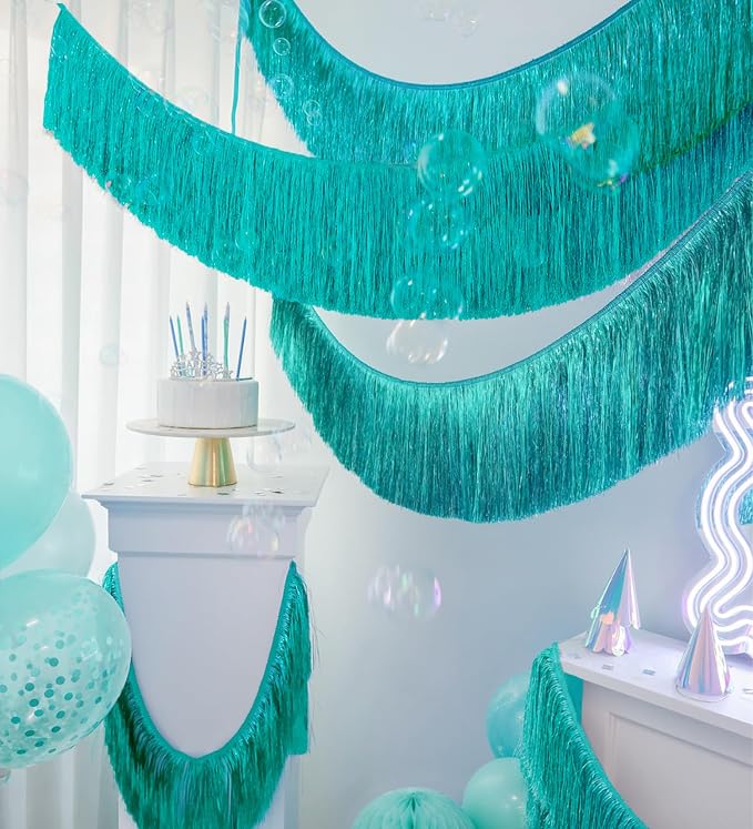2 Pack Aqua Blue Party Banner Tinsel Tassel Fringe Garland Party Decor | Dense - Image 2
