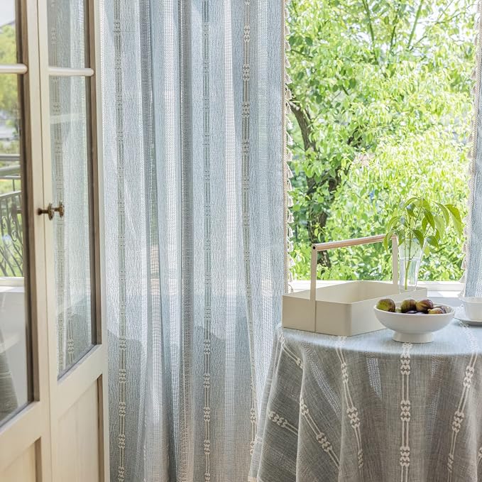 ENJOYBRIDAL Boho Curtains 63 Inch Length 2 Panels Semi Sheer Blue Grey Drapes - Image 8