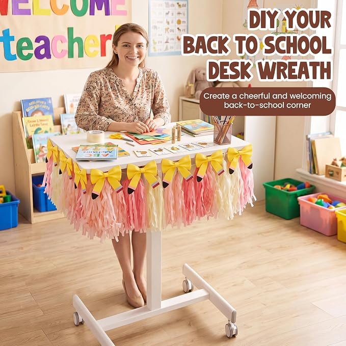 2 Pcs Teacher Table Skirt Desk Garland Decor | Pencil Bow, Standing Rolling Desk - Image 3