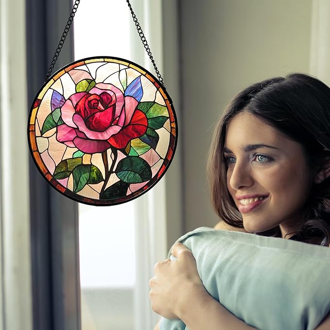 Stained Glass Window Hanging - Pink Rose Suncatcher for Door Garden Home Decor Birth Flower Sun Catcher Christmas Birthday for Friend Lovers Women Mom Nana 11.8 in