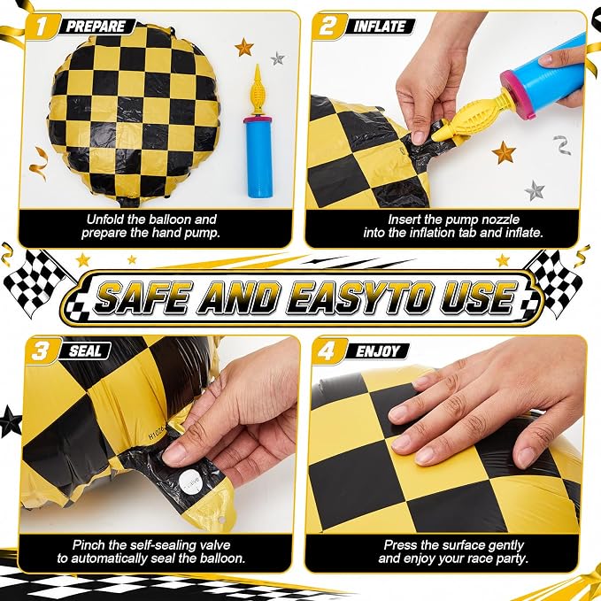 Gejoy 12 Pcs Checkered Foil Balloons Yellow White Plaid 18 Inch | Checkered - Image 4