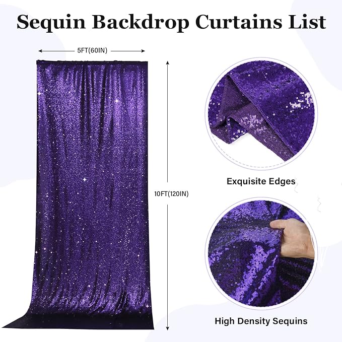 PartyDelight Purple Sequin Backdrop Curtains 5x10ft 2 Panels | Sparkly 3mm - Image 2