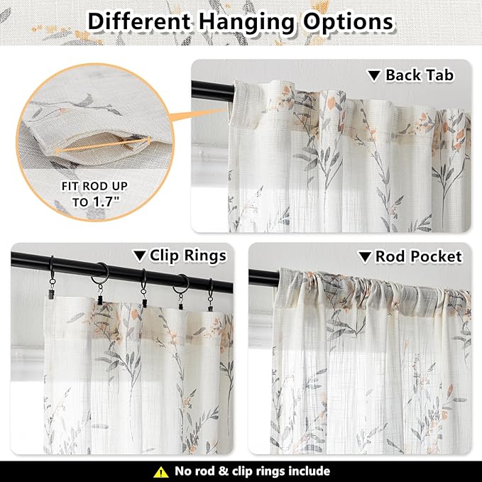 MYSKY HOME Kitchen Window Curtains Linen Sheer Drapes 45 Inches Long Floral - Image 3