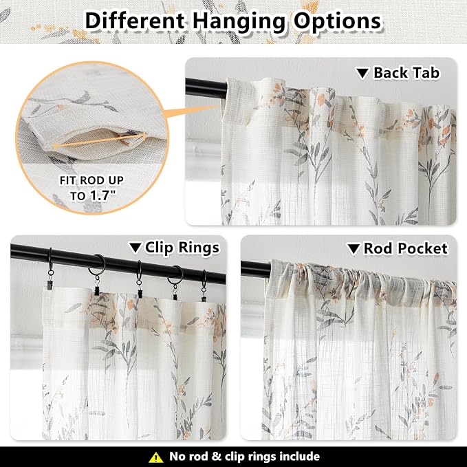 MYSKY HOME Floral Curtains for Bedroom Small Windows Flax Linen Sheer Drapes - Image 3