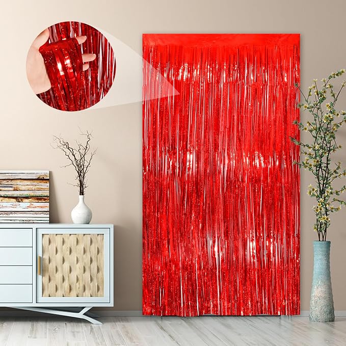 Red Streamers Foil Fringe Curtain 3.3 x 8.3ft Party Streamers 2Pack Metallic - Image 5