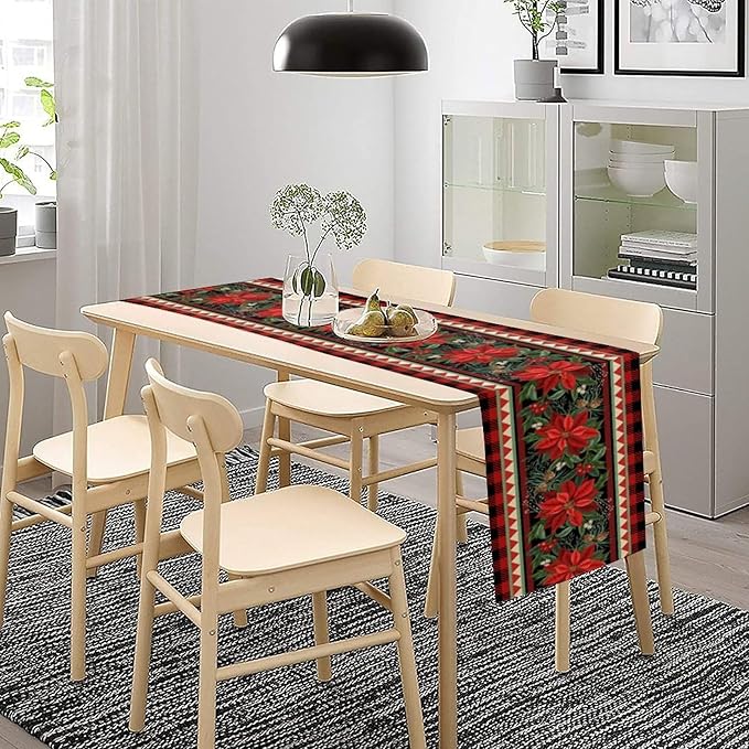 Christmas Table Runner,Seasonal Winter Xmas Holiday Plaid Table Cloth Kitchen Dining Table Decoration for Home Party Decor 13x120 Inch