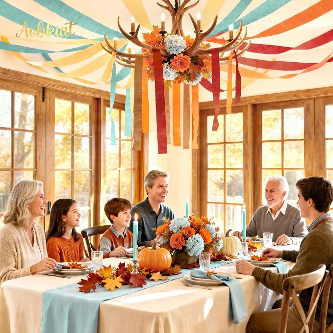 AOBKIAT Fall Colorful Streamers Party Decorations, 5 Rolls | Orange Brown - Image 3
