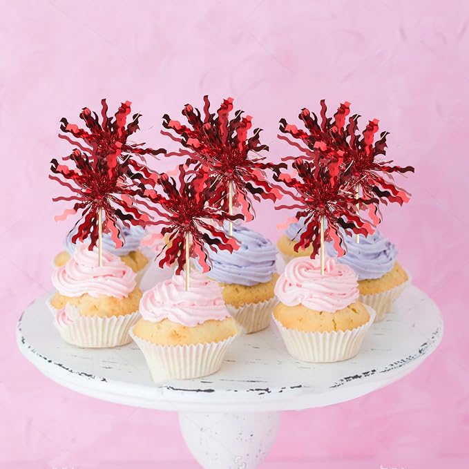 30 PCS Foil Firework Cupcake Toppers Sparkle Tinsel Cupcake Picks Happy - Image 5