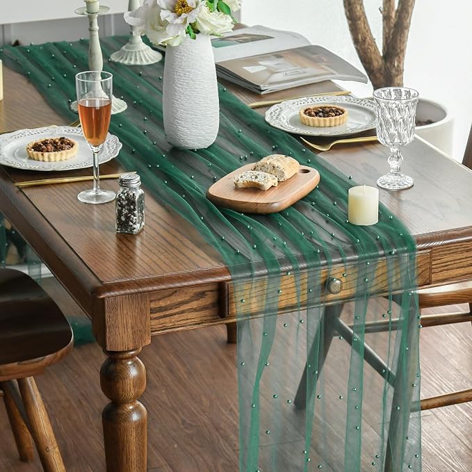 Artoid Mode 3PCS Pearl Dark Green Gauze Table Runner 120 Inch 10FT, Seasonal - Image 4