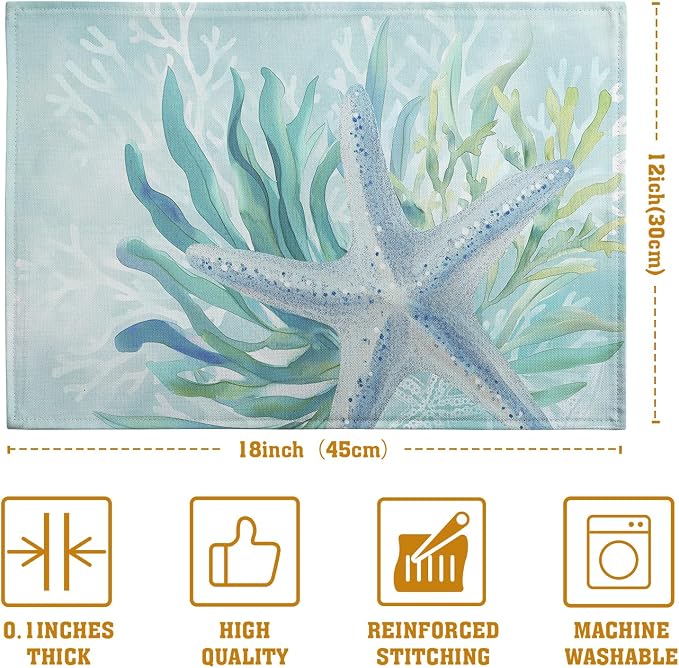 Nautical Coastal Placemats Set of 4 Ocean Coral Starfish Seagrass Beach Theme - Image 4