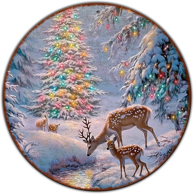 Christmas Tree Decor Round Metal Tin Sign Christmas Deer Vintage Tin Sign for Home Coffee Wall Decor for Christmas Family Wall Decoration 8 * 8 in