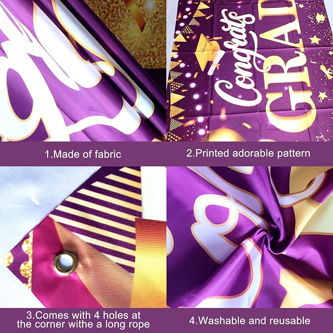 KatchOn Purple And Gold Graduation Backdrop 72x44 Inch | Congrats Grad Banner - Image 5