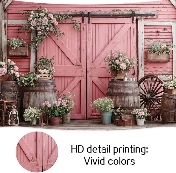 5x3ft Country Wedding Pink Photography Backdrop Rustic Wooden Barn Door Photography Backdrop Farmhouse Flower Western Girl Birthday Baby Shower Wedding Bridal Party Banner Photo Booth Props Background