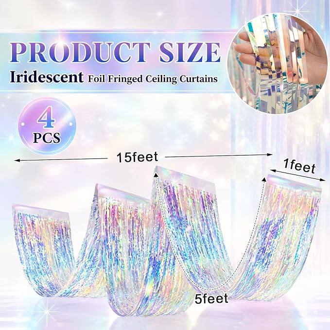 4 Pcs Iridescent 15ft Metallic Foil Ceiling Fringe Curtains - Image 2