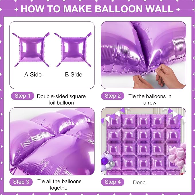 Light Purple Square Foil Balloons 25 Pcs Metallic Light Purple Balloons Wall - Image 3