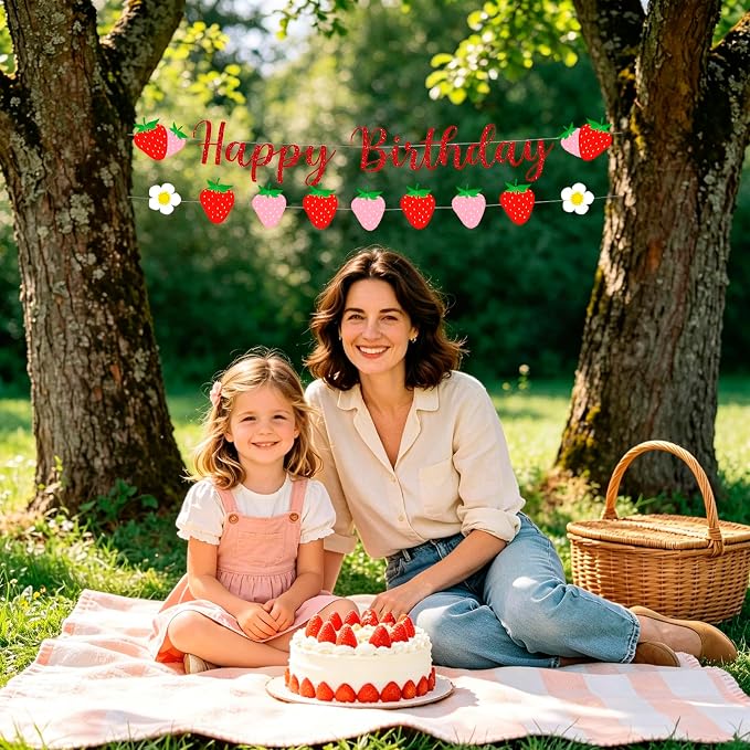 MEETINGU Strawberry Happy Birthday Banner, Strawberry and Flower Themed - Image 5