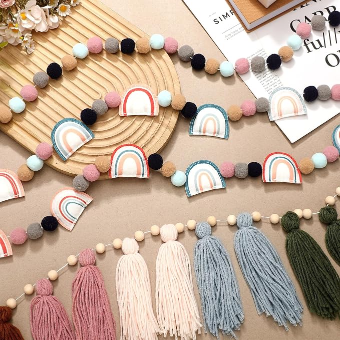 Hahafelt 4 Pcs Sage Green Boho Tassel Garland Boho Back to School Wall Hanging - Image 4