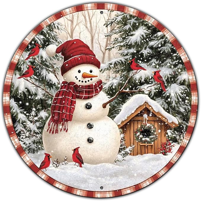 Round Christmas Metal Signs Vintage Snowman and Red Birds Tin Sign Metal Poster Christmas Snowman Sign for Bedroom Farmhouse Garage Wall Decor 12 * 12 in