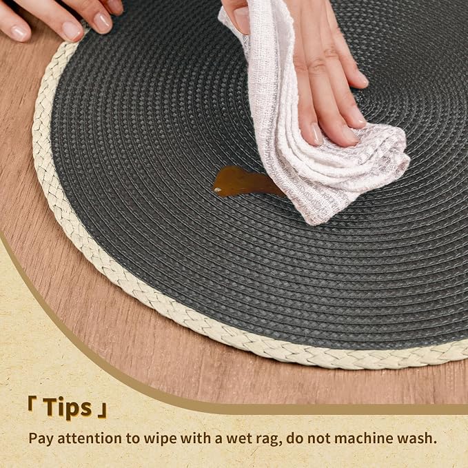 Round Placemats Set of 6, Woven Table Mats, Thin Edge, Charcoal Grey | Braided - Image 4