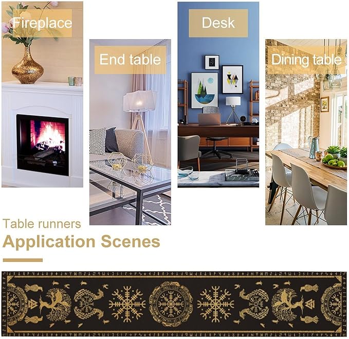 Viking Tree of Life Abstract Table Runner for Living Room Home Party Coffee Dining Party Wedding Golden Black Celtic Style Geometric Dragon Boat Rudder Ancient Script Table Runner 13x108 Inch