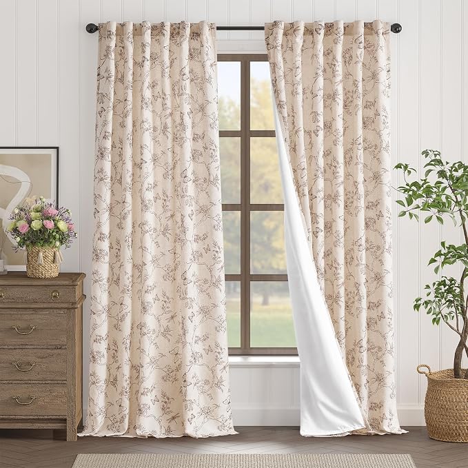 Black Floral Linen Lined Curtains Rod Pocket 50W X 96L 2 Panels | Charlotte - Image 2