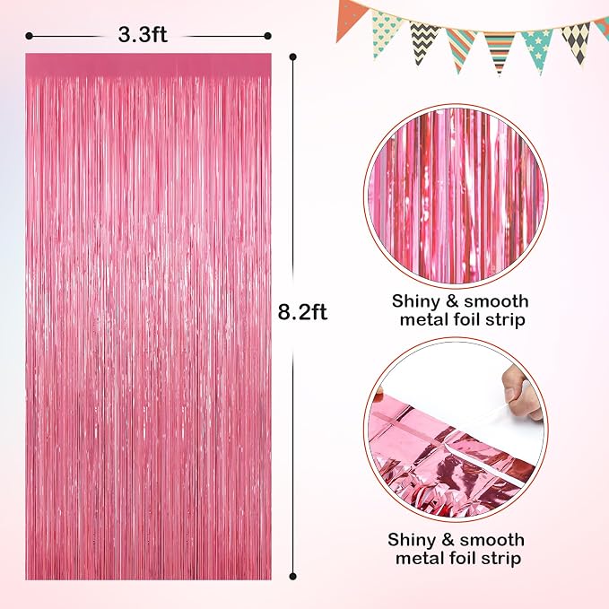 Pink Metallic Tinsel Foil Fringe Curtains, 2 Pack 3.3x8.3 Feet Party Streamer - Image 2
