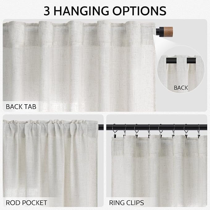 Natural Linen Curtains for Living Room 110 Inches Long Back Tab Light Filtering - Image 2
