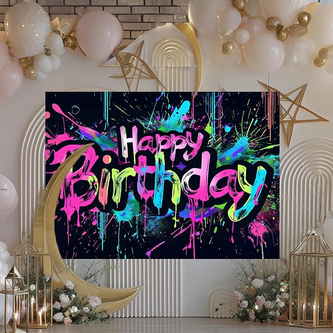 HOMETITUTE Neon Happy Birthday Backdrop 96x72 Inch | Happy Birthday Backdrop - Image 6