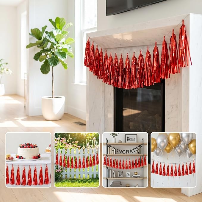 3P Red Foil Fringe Metallic Tassel Streamers Banner Tassel Garland - Image 6