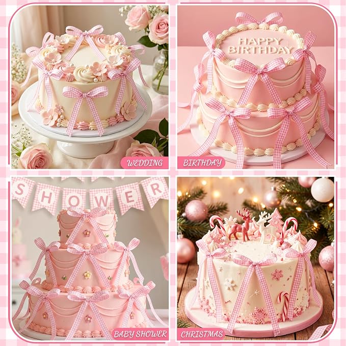30 Pack Bow Cake Toppers Pink Gingham Ribbon Bows - Image 4