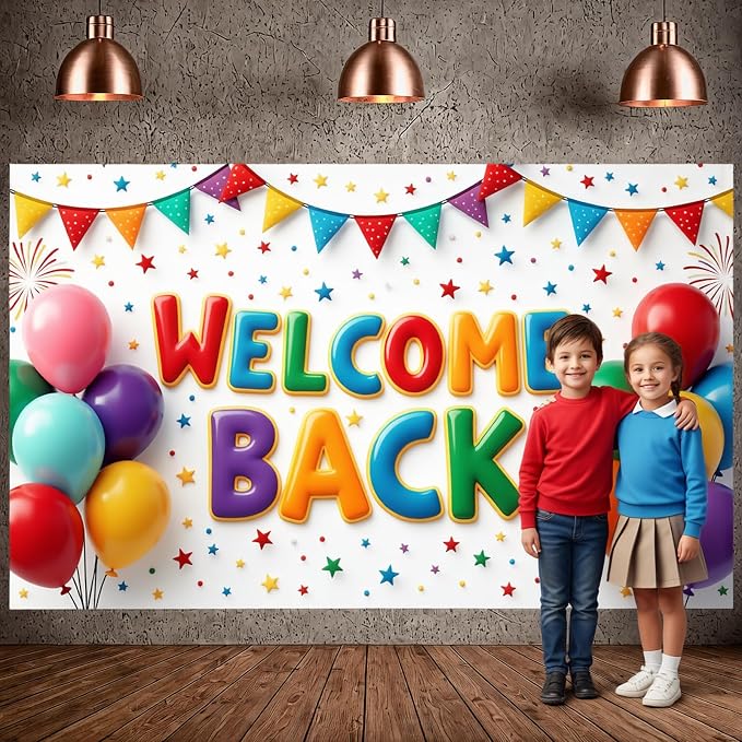 Welcome Back Banner Decorations Colorful Balloons Stars Welcome Home Background - Image 4